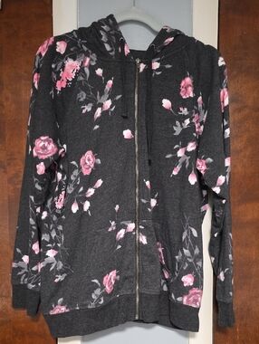 NWOT SIZE 3 Torrid Women's Charcoal Floral Zip Hoodie - Pink Rose Print